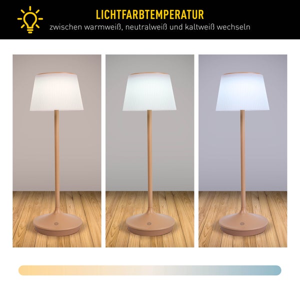 Solar-Akkutischleuchte EMMI  38 cm hoch, Schirm Ø 13 cm, Metall in Almond und weißer Kunststoff, für den Außenbereich, dimmbar CCT.