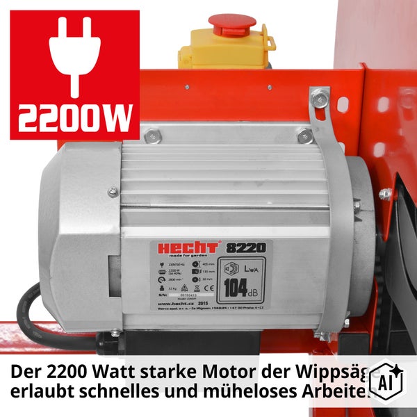 Motor der Hecht 8220 Wippsaege mit 2200 Watt Leistung und Typenschild mit technischen Daten.