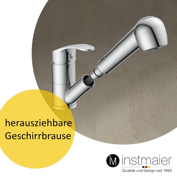 instmaier Niederdruck Küchenarmatur K2 | Ausziehbare Brause | Wasserhahn Küche mit 2 Funktionen | Spültischarmatur Chrom | 360° schwenkbar | mit Zentralverschraubung