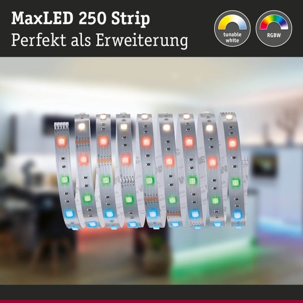 LED Streifen Set mit 250 Zentimeter Länge und 3000 Kelvin für indirekte Beleuchtung im Wohnbereich mit Installationshinweisen und Symbolen.