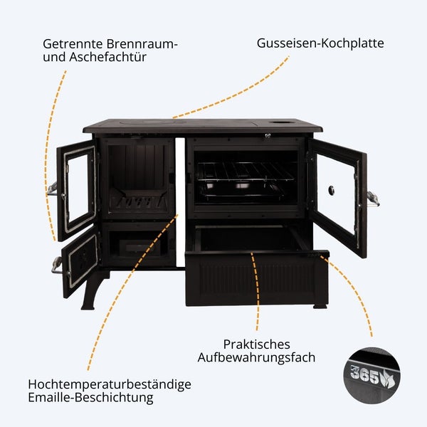 Schwarzer Holzherd mit Emaille-Beschichtung, Gusseisen-Kochplatte, getrennten Türen für Brennraum und Aschefach, Backofen und Aufbewahrungsfach.