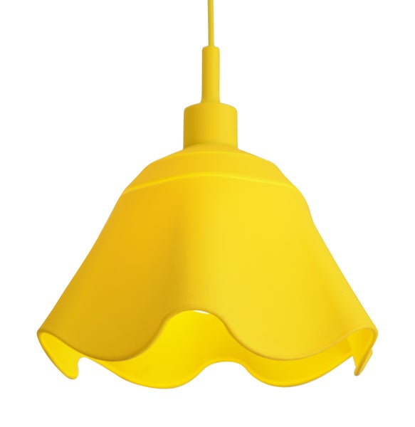 Gelbe Pendelleuchte mit geschwungenem Schirm