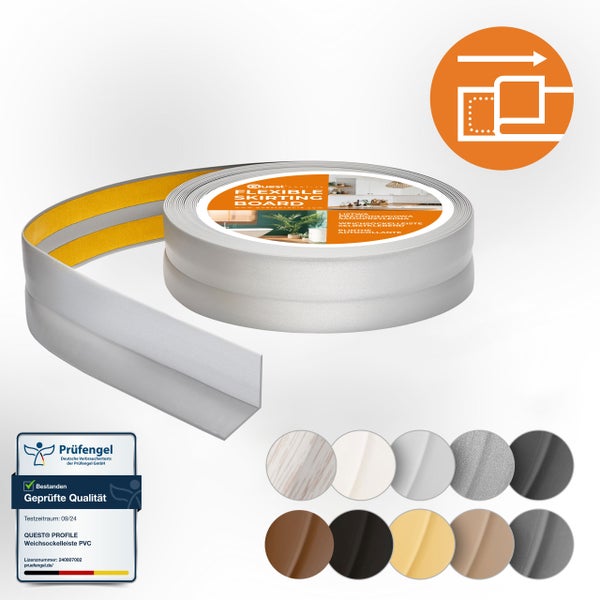 Quest Weichsockelleiste Selbstklebend 25 x 25 mm, PVC, Flexibel, Silber, 5 Meter