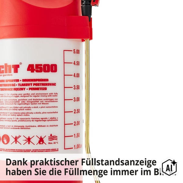 Hecht Drucksprüher 4500 mit 5 Liter Füllmenge und integrierter Füllstandsanzeige für den Gartenbedarf.