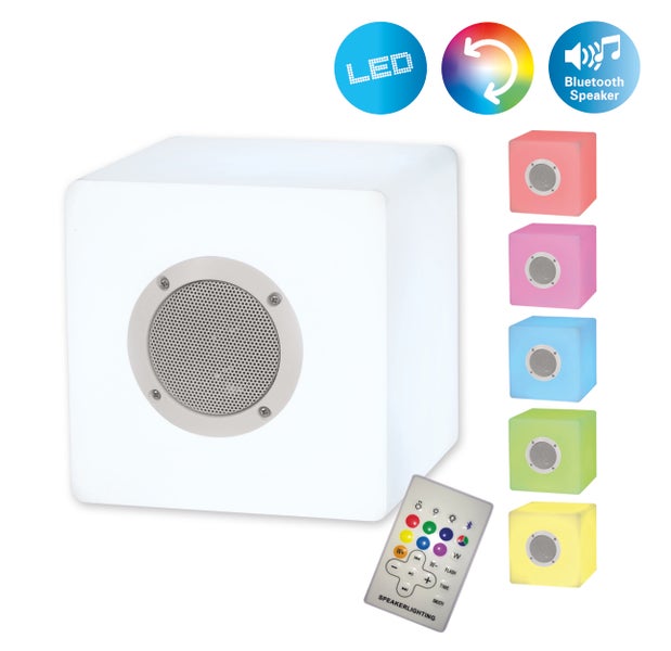 Kubusförmige LED Leuchte mit Bluetooth Lautsprecher und Fernbedienung