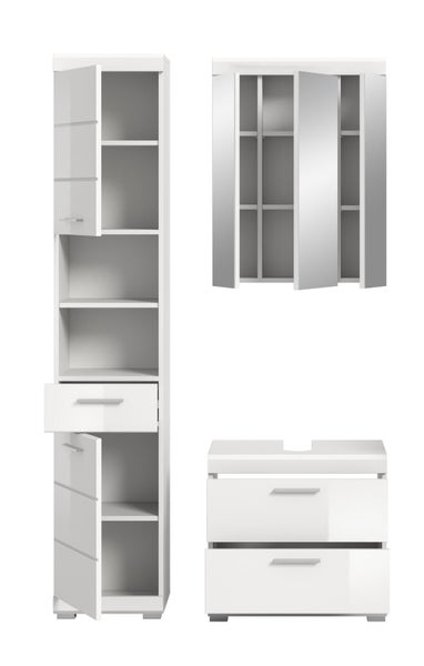 Badezimmermöbel Set bestehend aus Hochschrank, Spiegelschrank und Waschbeckenunterschrank in Weiß Hochglanz mit Metallgriffen