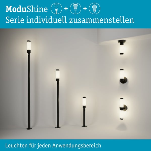ModuShine Leuchtenserie mit individuell kombinierbaren Sockelleuchten, Wegleuchten und Wandleuchten für den Außenbereich.