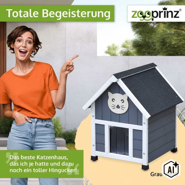 Zooprinz Katzenhaus aus Holz mit Dach und Katzengesicht Motiv fuer den Aussenbereich vor einer Frau die auf das Haus zeigt