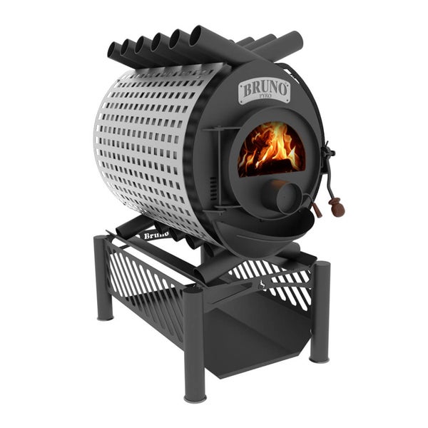 Bruno Pyrotechnik Ofen mit Brennholz auf einem schwarzen Metallständer