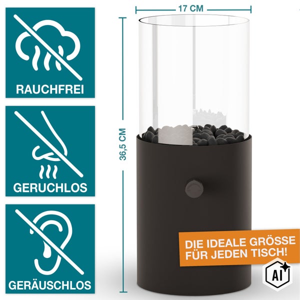 Tischkamin mit Glaszylinder, rauchfrei, geruchlos und geräuschlos, Höhe 36,5 Zentimeter, Durchmesser 17 Zentimeter.