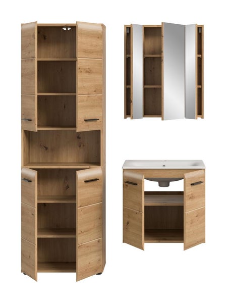 Badezimmermöbel Set in Eiche Optik mit Hochschrank, Spiegelschrank und Waschbeckenunterschrank inklusive Waschbecken.