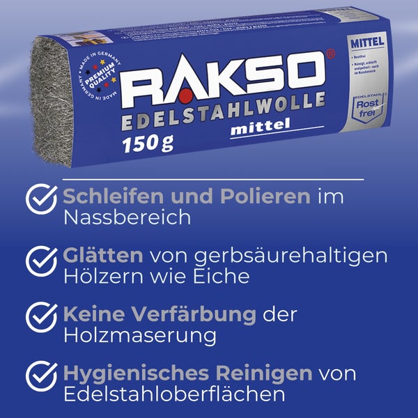 Rakso Edelstahlwolle mittel 150 Gramm zum Schleifen und Polieren im Nassbereich, Glätten von Eiche und Reinigen von Edelstahl.
