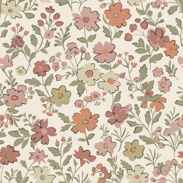 ESTAhome Tapete Blumen Terrakotta, Grün und Weiß - 50 x 900 cm - 131324
