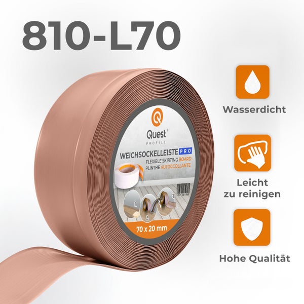 Quest Weichsockelleiste, Breite Sockelleiste 70 x 20 mm, PVC Knickleiste für Wand, Boden, Flexibel, Hellbraun, 20 Meter