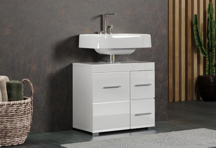 Waschtisch mit Unterschrank und Armatur im modernen Badezimmer