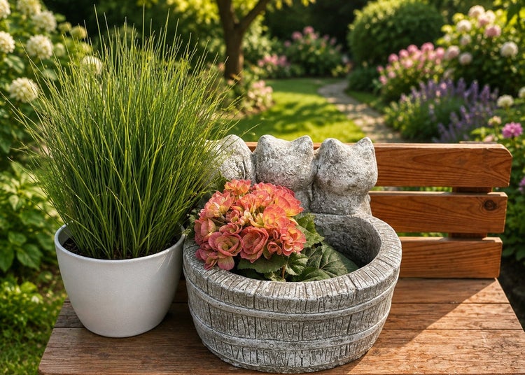 Pflanztopf in Katzenoptik aus Stein und ein runder Blumentopf mit Ziergras auf einer Holzbank im Garten