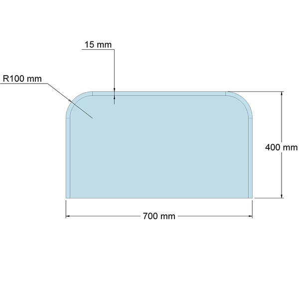 Technische Zeichnung eines Paneels mit 700 Millimeter Breite, 400 Millimeter Höhe, 15 Millimeter Dicke und 100 Millimeter Eckenradius.