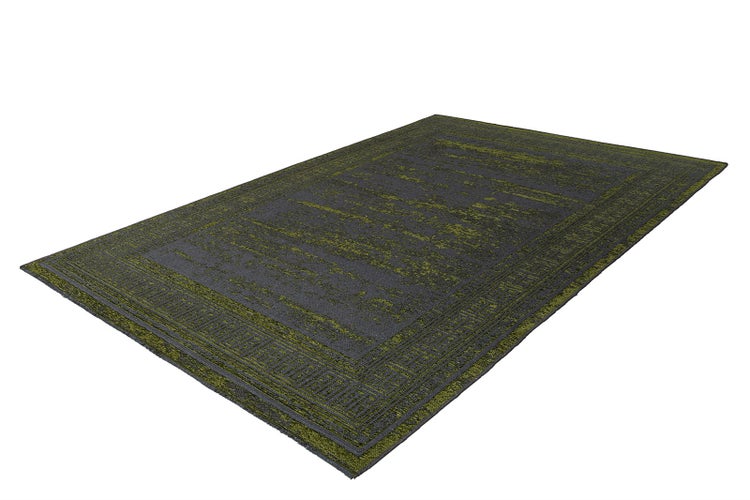 Rechteckiger Teppich mit griechischer Bordüre und Vintage-Muster in Dunkelgrau und Gelbgrün.