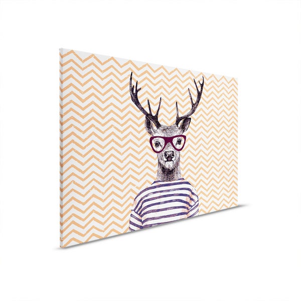 Wandbild mit Hirschmotiv, gestreiftem T-Shirt und Brille vor Zickzackmuster