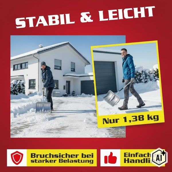 Ein Mann räumt mit einem leichten Schneeschieber aus Aluminium Schnee vor einem Einfamilienhaus.