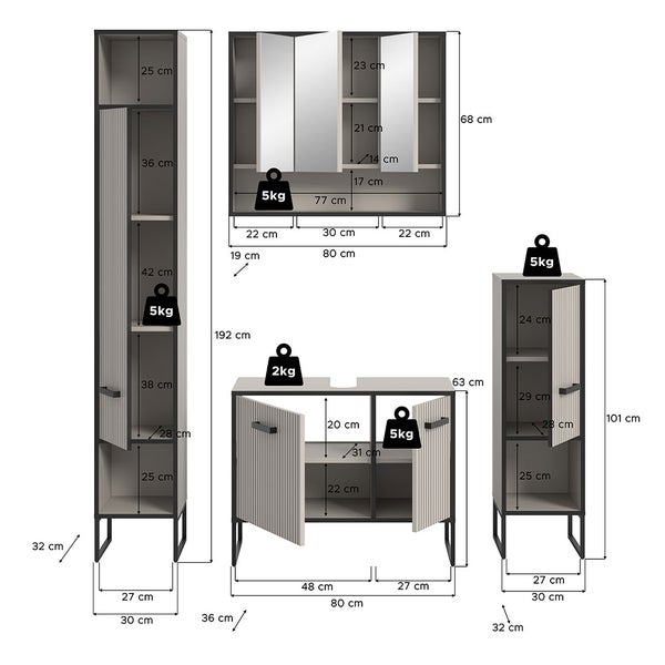 Bagno Badmöbelset 4 Teile hellgrau, cremefarben. 170 X 36 X 192 cm