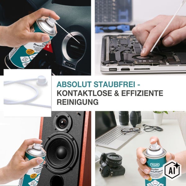 Druckluftspray in Anwendung zur Reinigung von Auto-Lüftungsschlitzen, Laptop-Lüftern, Lautsprechern und Kameraausrüstung inklusive Sprührohr.
