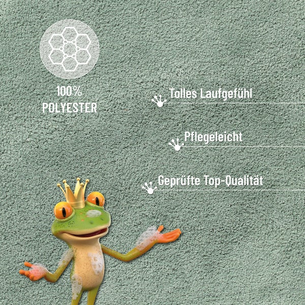 Oberfläche aus 100 Prozent Polyester mit Hinweisen auf Komfort, Pflegeleichtigkeit und Qualität sowie Froschmaskottchen.