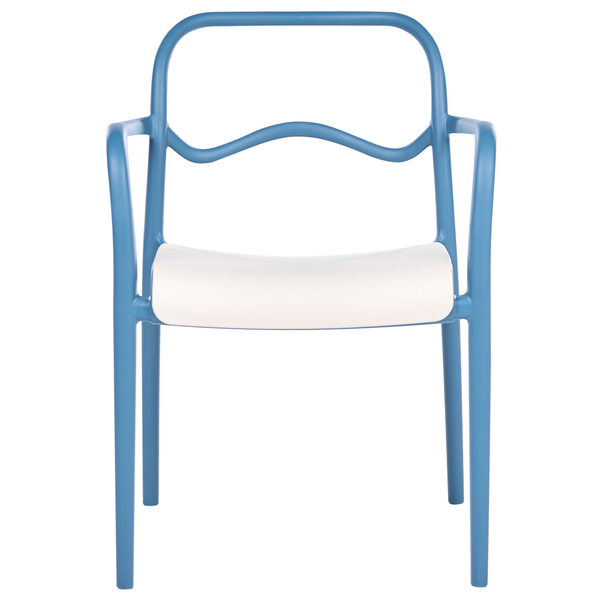 Blauer Kunststoffstuhl mit Armlehne und weißer Sitzfläche