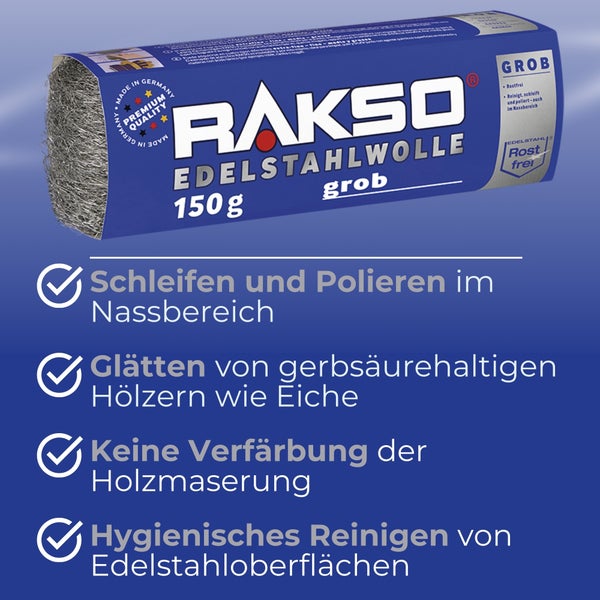 Rakso Edelstahlwolle grob 150 Gramm. Rostfreie Stahlwolle zum Schleifen, Polieren im Nassbereich, Glätten von Holz und Reinigen von Edelstahl.