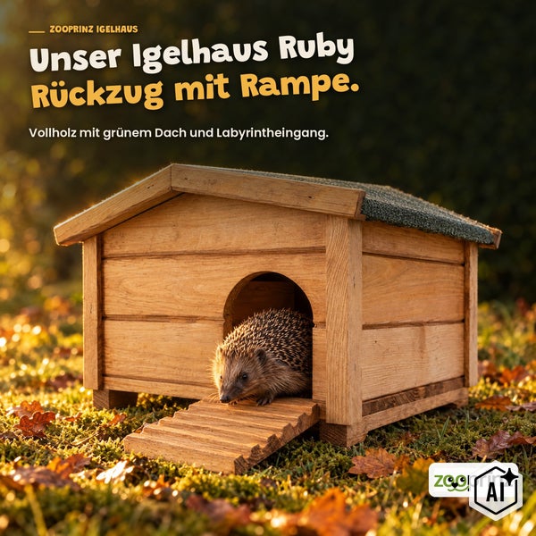 Igelhaus aus Holz Modell Ruby mit Rampe und Labyrintheingang für den Garten, Zooprinz Logo.