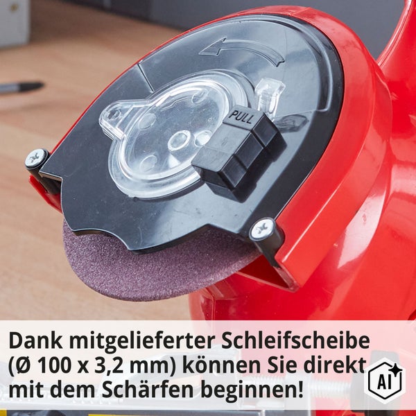 Schleifkopf eines Kettenschärfgeräts mit montierter Schleifscheibe Durchmesser 100 mal 3,2 Millimeter für den sofortigen Einsatz.