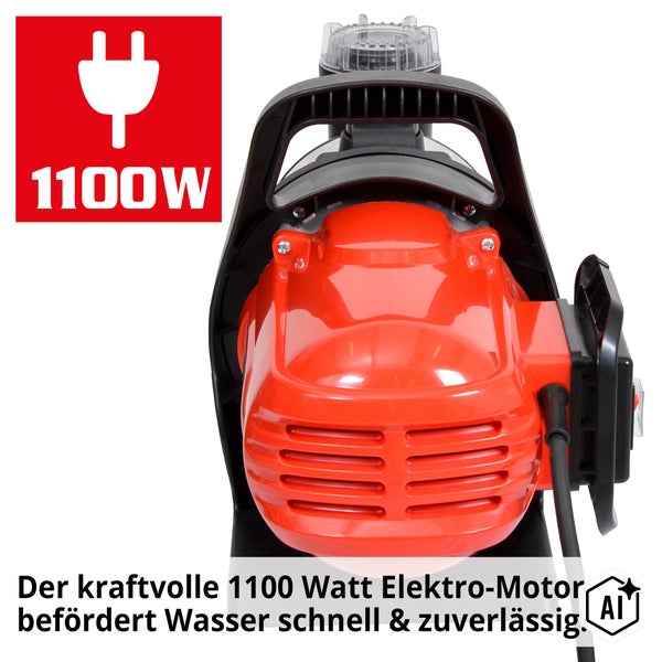 Gartenpumpe mit 1100 Watt Elektromotor für die zuverlässige Wasserförderung.