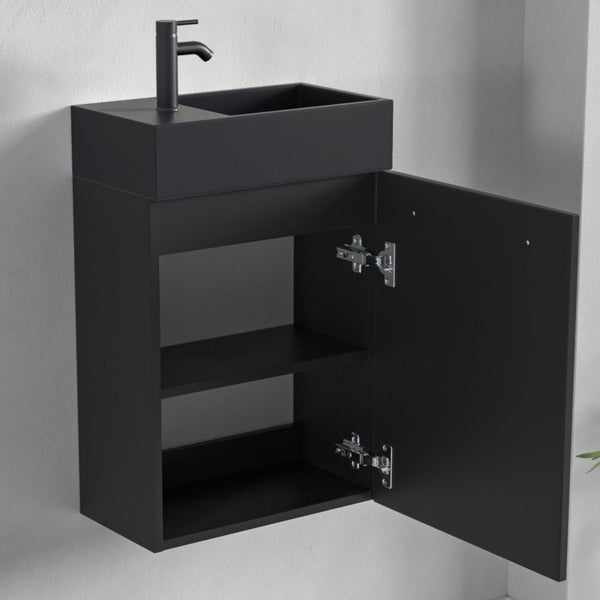 Wandhänge Waschtischunterschrank in Schwarz mit Waschbecken und Armatur bei geöffneter Schranktür