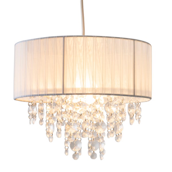 Deckenleuchte mit Stoffschirm und Kristallbehang