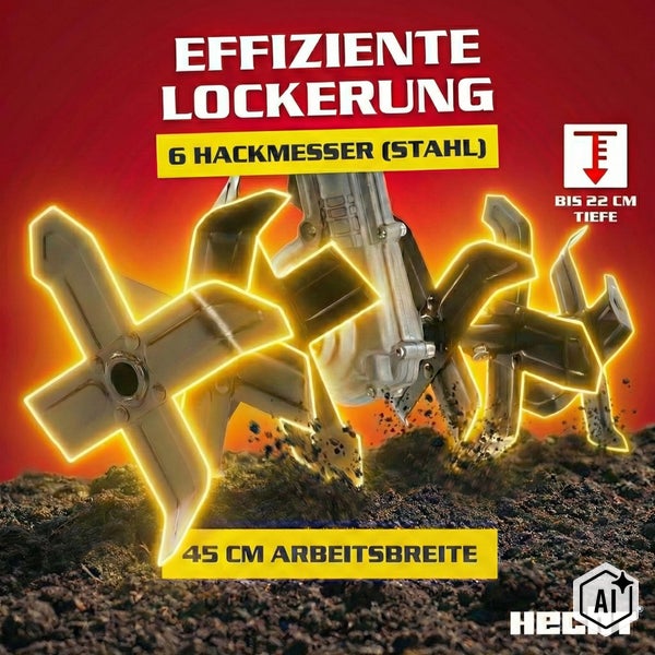 Hecht Gartenhacke mit 6 Stahlmessern, 45 Zentimeter Arbeitsbreite und bis zu 22 Zentimeter Arbeitstiefe für effiziente Bodenlockerung.