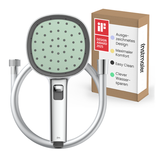 Instmaier Handbrause mit Schlauch und Verpackung. Ausgezeichnet mit dem iF Design Award 2025. Merkmale: wassersparend und einfache Reinigung.