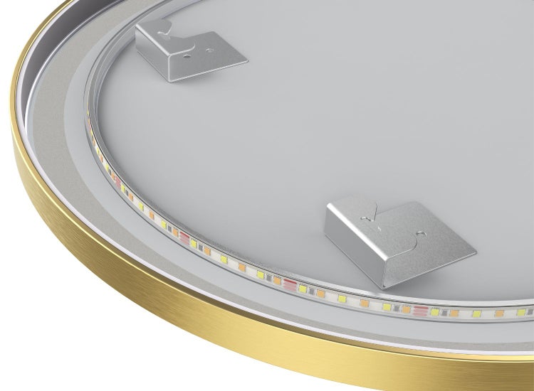 Rückseite einer runden LED Deckenleuchte mit LED Streifen und Metallhalterungen