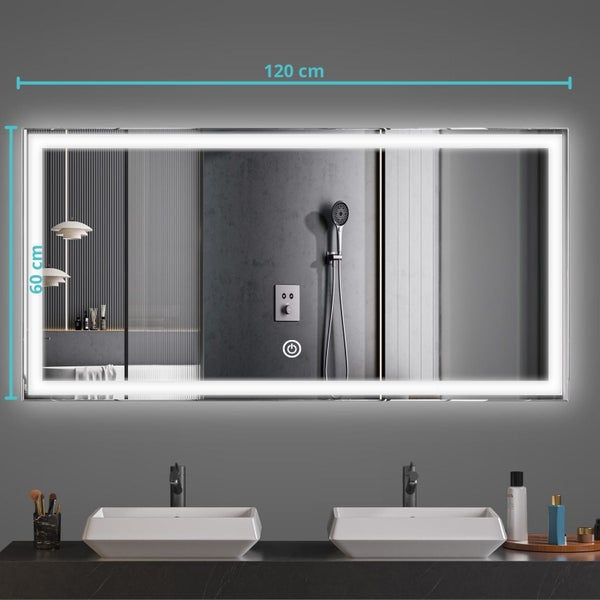 Rechteckiger Badezimmerspiegel mit LED Beleuchtung, 120 cm breit und 60 cm hoch, mit integriertem Touch Schalter für zwei Waschbecken.