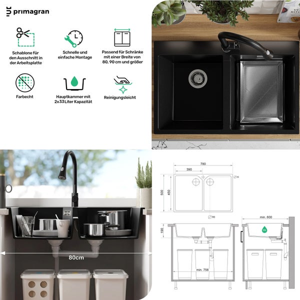 PRIMAGRAN Granitspüle Anthrazit 78x50cm, Spülbecken 2 Becken + Küchenarmatur 40x20cm + Ablauf-Set, Küchenspüle ab 80er Unterschrank - Madrid Twin