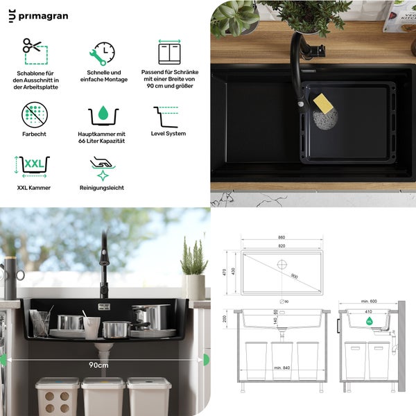 PRIMAGRAN Spülbecken Alles Weiß 86x47cm, Granitspüle 1 Becken + Ablauf-Set + Aufrollbare Abtropffläche, Küchenspüle ab 90er Unterschrank - Praga Slim