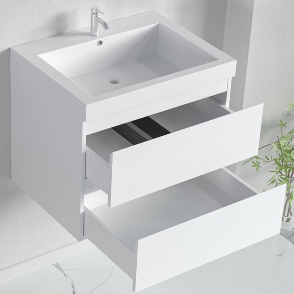 Wandhängender Badunterschrank mit integriertem Waschbecken, zwei geöffneten Schubladen und verchromter Armatur.