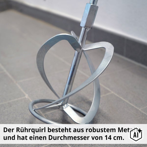 Rührquirl aus robustem Metall mit 14 Zentimeter Durchmesser für Handrührgeräte zum Anmischen von Mörtel und Putz.