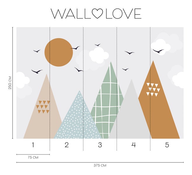 Wall Love Fototapete mit Bergmotiv und Himmelsdarstellung, bestehend aus fünf Bahnen