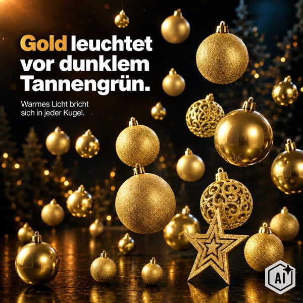 Weihnachtsbaumschmuck Set bestehend aus glänzenden und matten goldenen Weihnachtskugeln sowie einem Dekostern vor dunklem Tannenbaum Hintergrund.