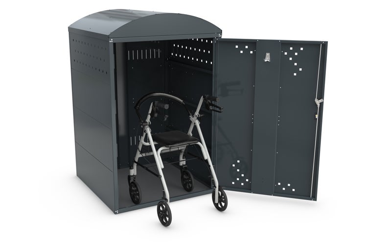 Rollator in einer grauen Gerätebox