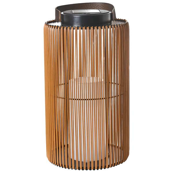 Braune zylindrische Solar-Laterne mit vertikaler Seilbespannung und Tragegriff.