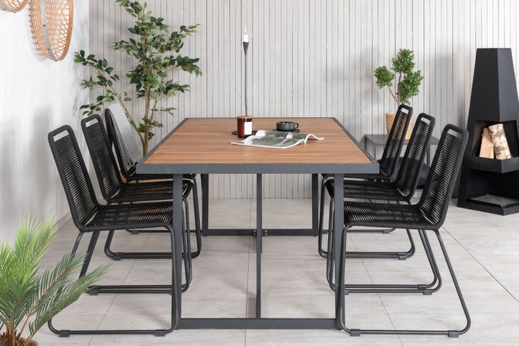 Khung Gartenset Tisch 100x200cm und 6 Stühle stabel Lindos schwarz, natur. 100 X 200 X 75 cm