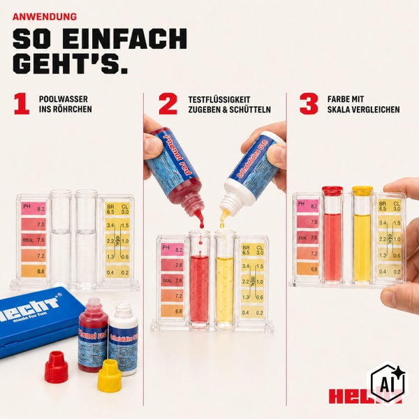 Anleitung zur Anwendung eines Poolwassertesters zur Messung von pH Wert und Chlorwert mit Testflüssigkeiten Phenol Rot und Orthotolidine OTO.