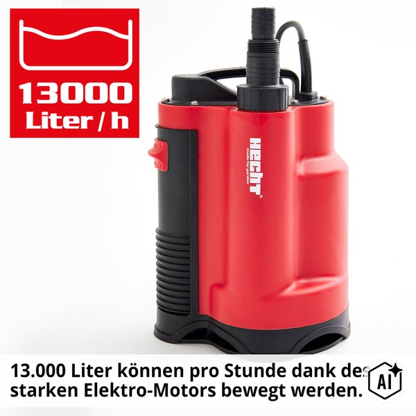 Hecht Tauchpumpe mit einer Förderleistung von 13000 Litern pro Stunde für den Garteneinsatz.