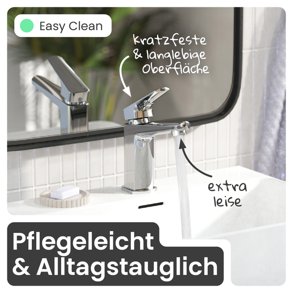 Aufnahme eines Waschbeckens mit Armatur, die sich durch eine kratzfeste, langlebige Oberfläche, einfache Reinigung und geringe Geräuschentwicklung auszeichnet